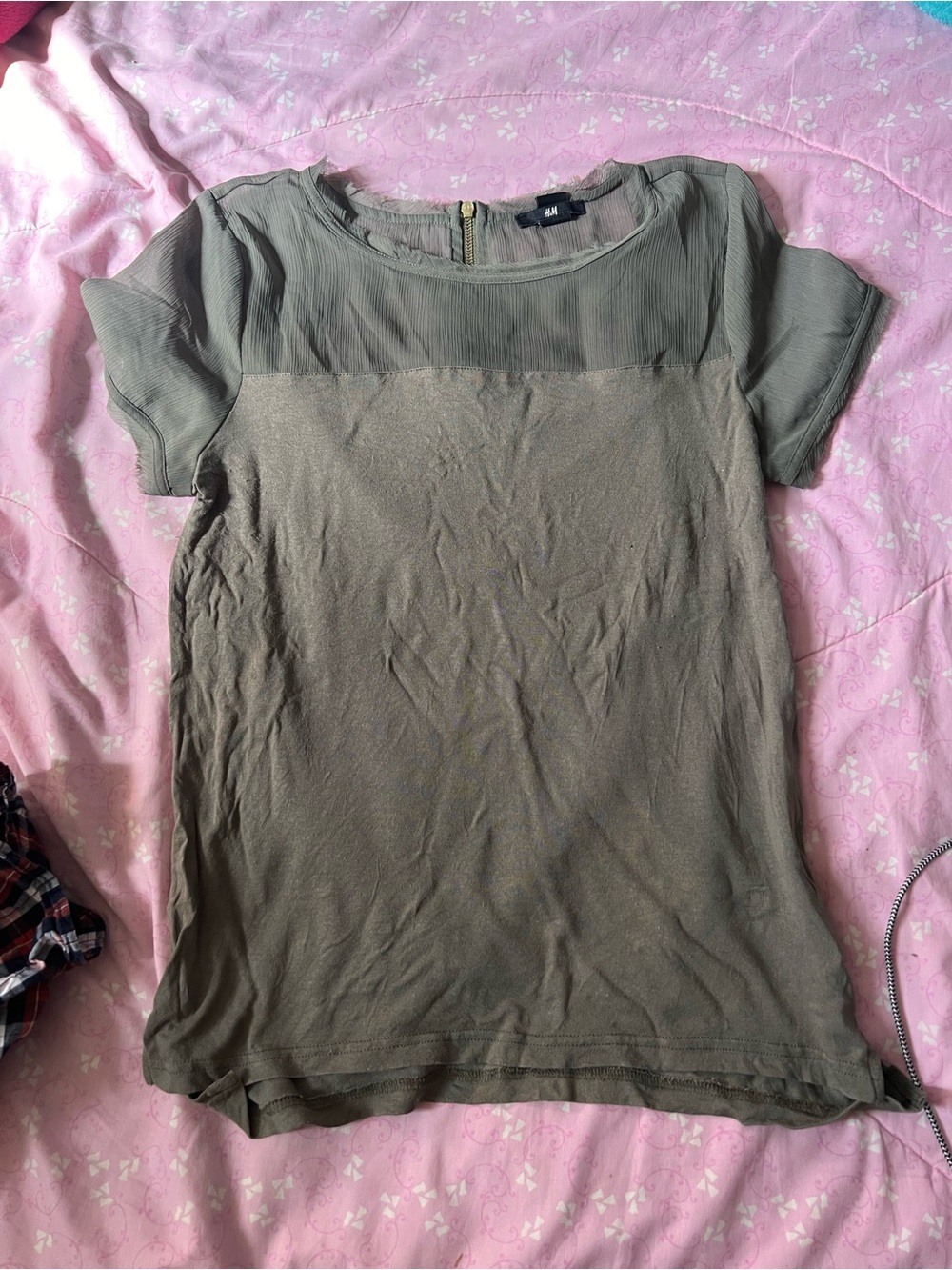 H&M Olive Green Short Sleeve Top with Sheer Yoke